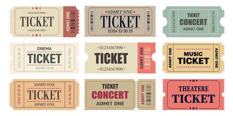 Vector set of admit one tickets template. Ticket for cinema,movie,circus,theatere,film,festival,casino,club,music etc. Event admission, entrance pass set .Vector illustration - obrazy, fototapety, plakaty