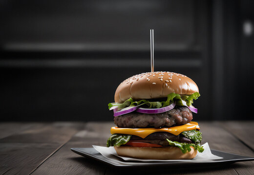 Hamburger on a wooden table. Dark background. Copy space. illustration generative ai