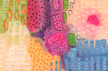 Art oil and acrylic smear blot dot canvas painting with pencil, pastel line elements. Abstract...