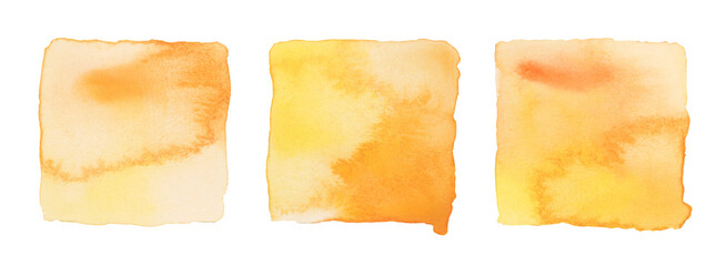Ink watercolor hand drawn square stain blot. Wet yellow pastel color paper texture background. Set.