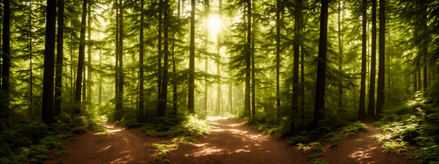 Fototapeta na wymiar 3 Enchanting Forest Trail. Enter a lush green forest bathed in sunlight - a serene path for nature lovers and forest retreat projects