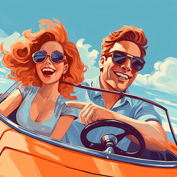Happy young couple driving in convertible car on road trip. Man and woman laughing and having fun together.