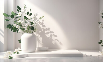 Obraz na płótnie Canvas White Flowers and Leaves in Trendy Glossy Vase on White Ceramic with White Empty wall and Sunlight from Window, Template for Presentation, Skin Care, Organic Product, Generative Ai.
