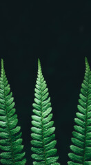 Green ferns leaf isolated on black background close up with copy space. Growing in forest. Art photo of natural plant. Decorative foliage. Dramatic view. Wild nature beauty. Copy space. Mockup design