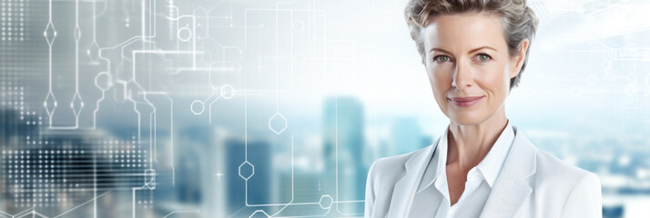 Portrait of mature businesswoman in white suit on blurred background. Technology concept.