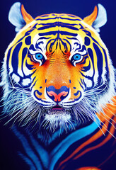 A picture of a multi-colored muzzle of a tiger. Close-up. Warm and cold shades. AI-generated
