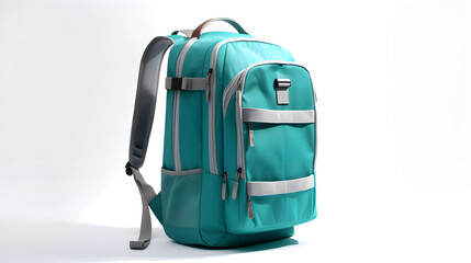 teal backpack isolated on a grey background Back to school, education, childhood, primary school theme.