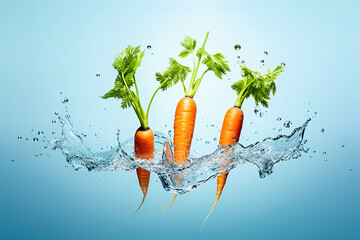 Young carrot with water splash on a blue background.