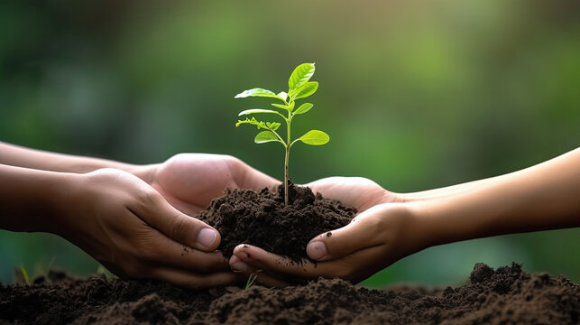 manos de adulto y de niño sosteniendo tierra con una pequeña planta o arbol floreciendo. concepto dia de la tierra, ecologia