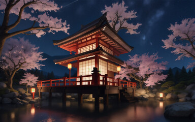 Traditional Japanese Garden in The Hague. detailed japanese temple.