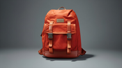 red clay backpack isolated on a grey background Back to school, education, childhood, primary school theme.