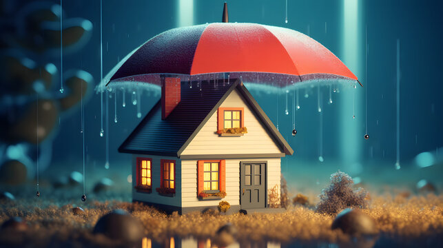 Home Insurance Concept. The House under umbrella. Protection from rain symbolizes the coverage offered by the insurance company. Ai Generative.