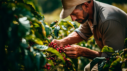 young Agronomist Picking Arabica Coffee Berries from a Bush - obrazy, fototapety, plakaty
