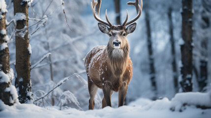 A powerful image of a Noble Deer standing tall amidst a winter wonderland 