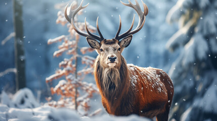 A powerful image of a Noble Deer standing tall amidst a winter wonderland 