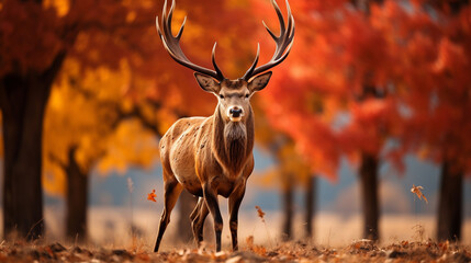 A regal Noble Deer against a backdrop of colorful autumn foliage 
