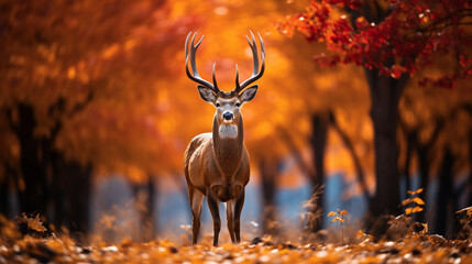 A regal Noble Deer against a backdrop of colorful autumn foliage 