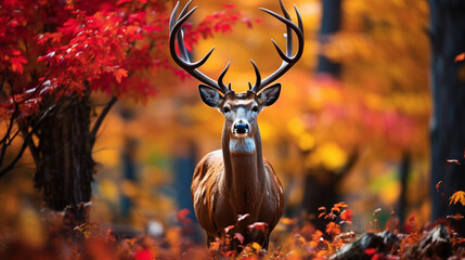 A regal Noble Deer against a backdrop of colorful autumn foliage 