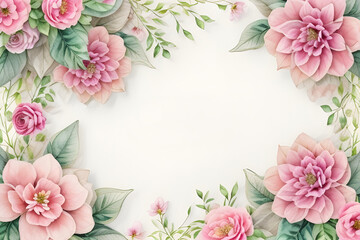 romantic pink frame of watercolor flowers around the edge of the sheet