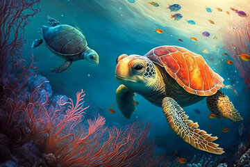 Obraz premium Sea Turtle Fairytale Concept Illustration. A turtle swimming in the sea. Water Creature Friends, Children's literature, Fantasy, Adventure. Made with Generative AI