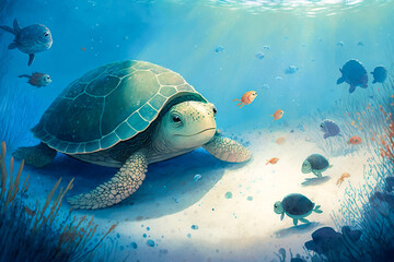 Sea Turtle Fairytale Concept Illustration. A turtle swimming in the sea. Water Creature Friends, Children's literature, Fantasy, Adventure. Made with Generative AI