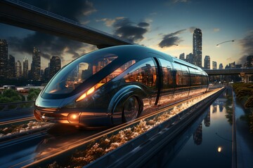 Futuristic transportation. Modern high-speed train in the city at night. Shallow depth of field
