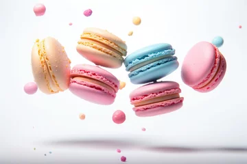 Keuken foto achterwand Macarons Macaroons in motion falling. Sweet colorful french macaroons levitation in the air. Generative AI
