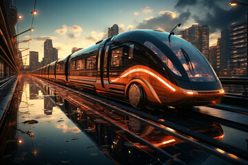 Fototapeta na wymiar Futuristic transportation. Modern high-speed train in the city at night. Shallow depth of field