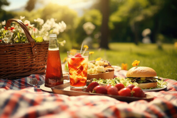 Close up of food, drinks and picnic basket on blanket on grass at summer park. Generative AI