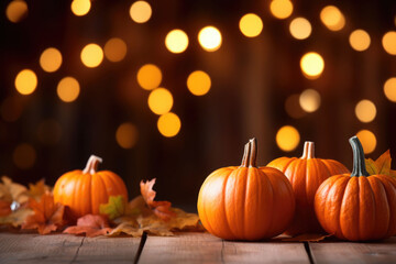 Mini thanksgiving pumpkins and leaves on rustic wooden table with lights and bokeh on wood background. AI generated