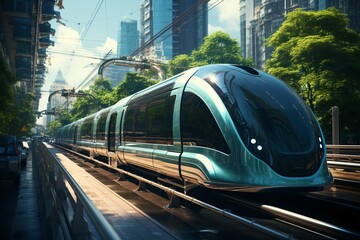 Naklejka premium Futuristic transportation. Modern high-speed train in the city at night. Shallow depth of field