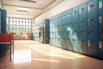 School hallway with modern lockers. Concept of studying and getting knowledge. Generative AI