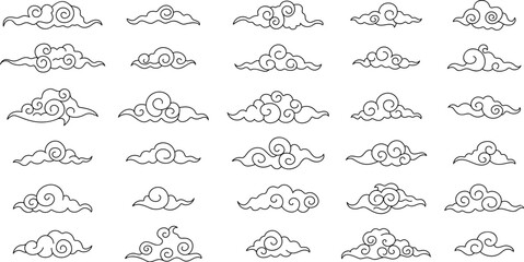 Asian style korean clouds. Japanese cloud linear, traditional oriental elements. Doodle asia decorative line symbols, decent vector flat graphic - 629316763