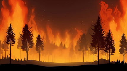 An illustration of a devastating forest fire with hot orange flames burns a forest