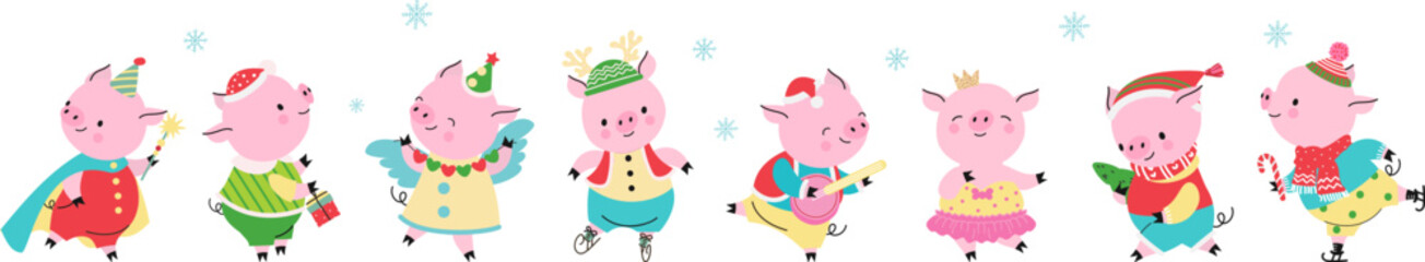 Christmas holidays pigs, new year party pig characters. Winter festive piggy, party dressed animals. Funny xmas characters nowaday vector set