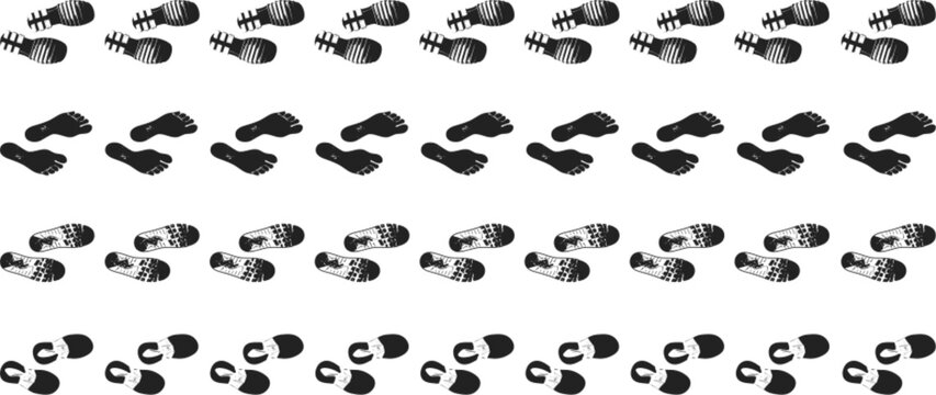 Footsteps pattern track, walking step by step. Human walk barefoot and wear boots, footstep black silhouettes. Footprints trails neoteric vector set