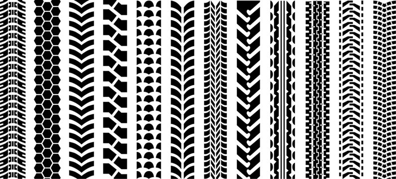 Tire tracks black isolated silhouettes set. Tires tread shapes, car wheel stamp. Motorcycle tyres protectors prints, neoteric cars service vector set