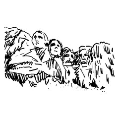 Mount Rushmore National Memorial. United States Shrine of Democracy rock monument in South Dakota. Hand drawn linear doodle rough sketch. Black silhouette on white background.