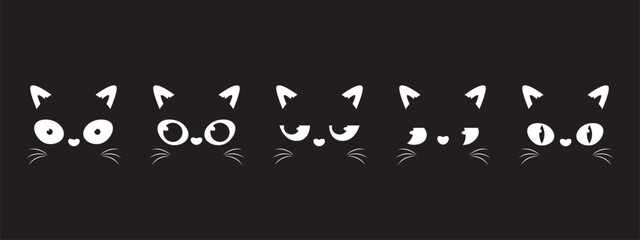 Faces black cat peeking. Stylish cats print, cute pets eyes and different emotions. Kitten look and peek, cartoon animals snugly vector background © MicroOne