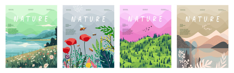 nature and landscape. Vector illustration of mountains, trees, plants, fields and animals. For prints, cover or card designs, art decoration.