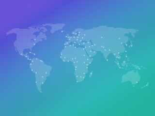 Dotted halftone world map with many highlighted capital cities on a vibrant purple to turquoise color gradient background. High resolution modern, clean and colorful world map.