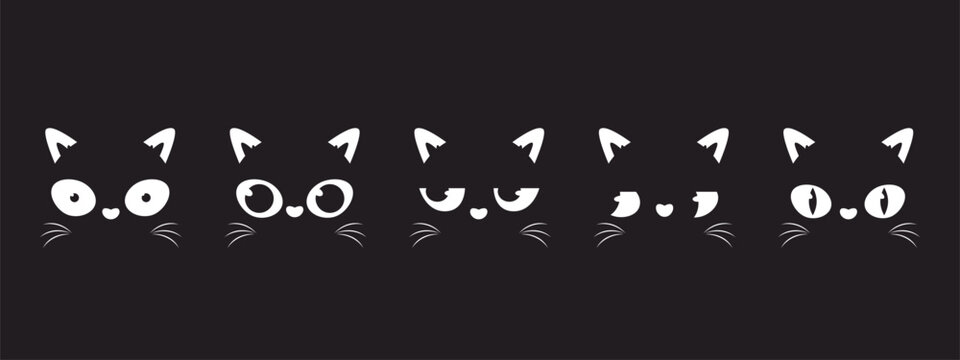 Faces black cat peeking. Stylish cats print, cute pets eyes and different emotions. Kitten look and peek, cartoon animals snugly vector background