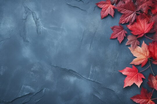 Autumn background with colored leaves on blue background. Generative AI