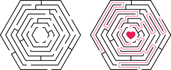 Labyrinth game way, finding ways to love. New idea find, creative maze puzzle with 3 paths. Children gaming, search solution decent vector concept