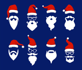 Santa hats with white moustache and beards. Cartoon objects, claus beard avatars. Laughing christmas design, new year neoteric vector masks