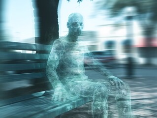 Fototapeta na wymiar Haunting City Bench: A Ghoul or Ghost Captured in Blurry Vintage Camcorder Footage, Eerie VHS Charm Unleashed.