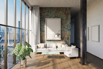 luxurious loft apartment with window; minimalistic interior living room design; 3D Illustration