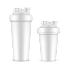 Two Shaker Bottles, Small and Big Mockup, Isolated on White Background, Front View. Vector Illustration