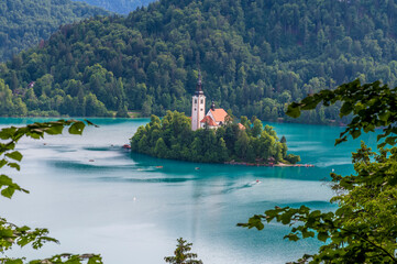 A view from the base of the Castle towards the island on the lake in Bled, Slovenia in summertime