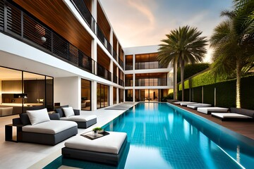 Fototapeta premium Luxury villa appartment hotel with rest chill relax area and swimming pool. Perfect place for party night fun
